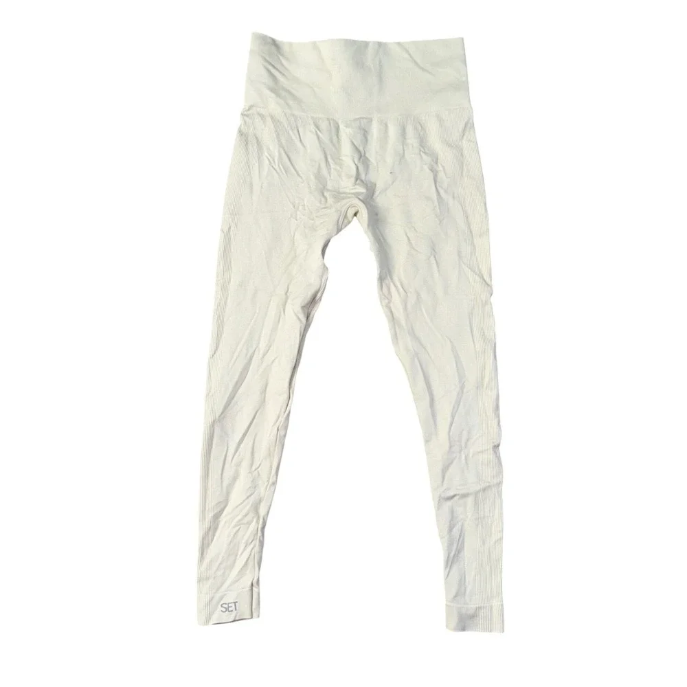 Set‎ Active Ribbed Leggings Women Medium Cream Excellent High Waisted Activewear